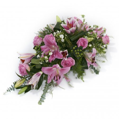 Pink Single Ended Spray - Single ended spray in oasis made in pink shades to include lillies and roses. At ##SHOP## we are delighted to present this product available for flower delivery in ##AREA## and surrounding areas.